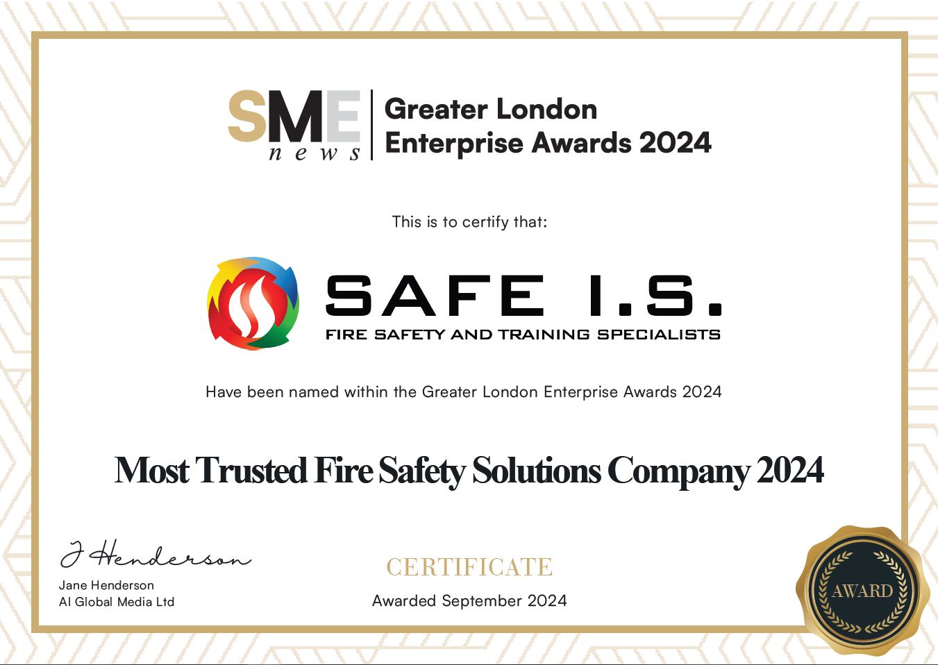 SME News Most Trusted Fire Safety Solutions Company 2024 Certificate